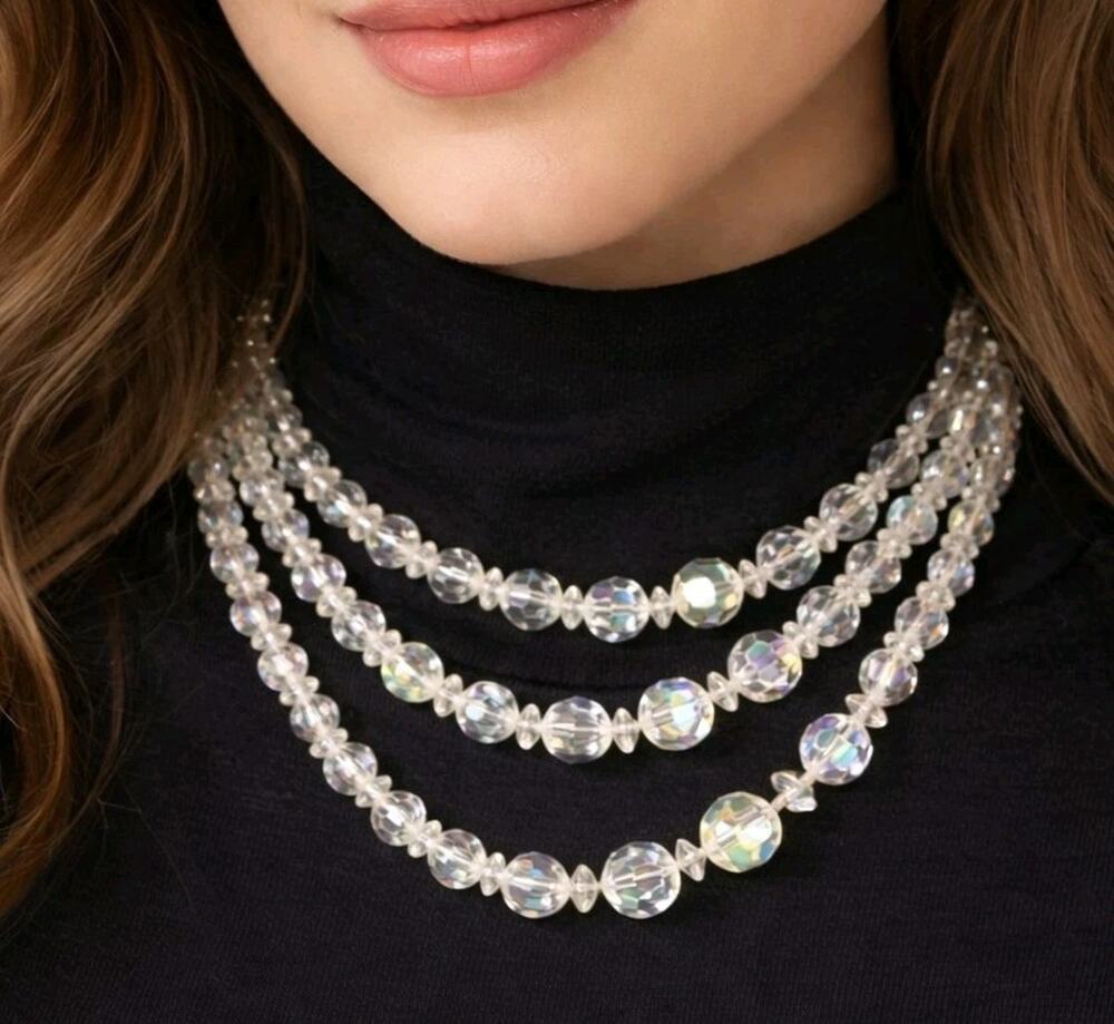 Vintage Mid-century Crystal Beaded Necklace, 3 Strands, AB, Graduated wh02-22 - Picture 1 of 6